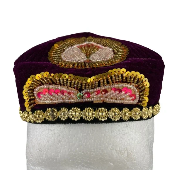 Hand Beaded Vintage Pillbox Purple Velvet Heavily Decorated Hat Cap Hearts Gold Hand Beaded Vintage Pillbox Purple Velvet Heavily Decorated  main image 2